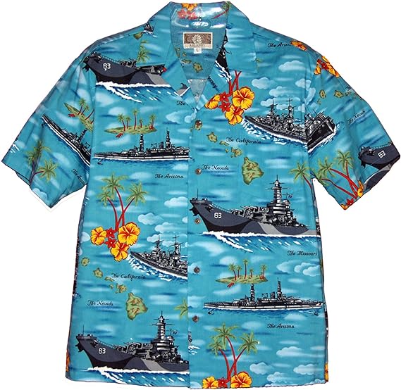 Aloha Shirt World War II Battleships Turquoise - Hi Army