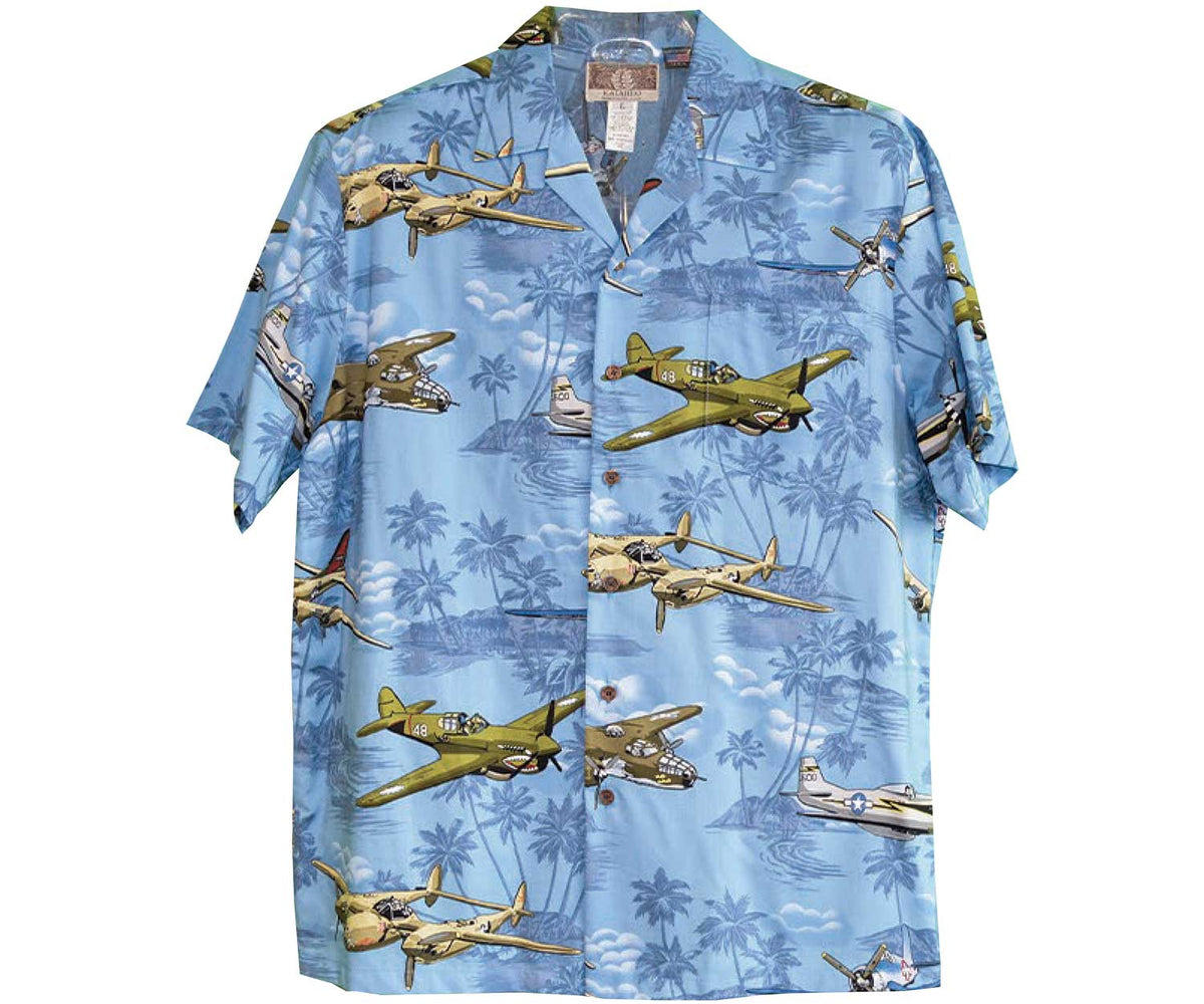 Aloha Shirt World War II Fighter Aircraft Blue